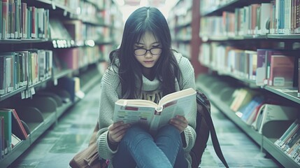 Quiet Reading: Seated cross-legged in a quiet library corner, a teenage girl in glasses and a sweater is engrossed in a thick novel. Her backpack is nearby, and shelves of books surround her.
