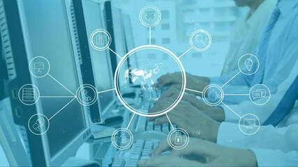 Poster - Typing on keyboards, business people with network icons animation over computers