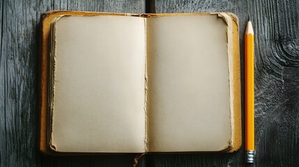 Poster - A clean minimalist photograph of a blank notebook with a pencil laying next to it on a wooden desk  The image has ample copy space for text or design overlays
