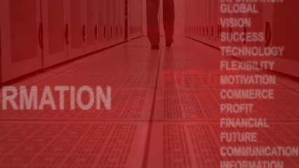 Aufkleber - Walking through server room, business keywords animation over red background