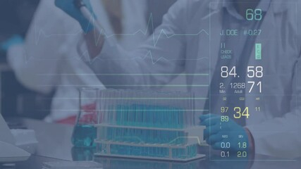 Poster - Scientific data and health metrics animation over scientists working in laboratory
