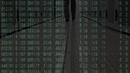 Aufkleber - walking in data center, person with binary code animation overlay