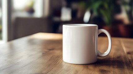 Poster - Photograph of a plain white ceramic mug sitting on a clean minimalist table providing ample copy space and a suitable surface for adding a custom logo branding or design