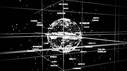 Poster - Global network connectivity with technology keywords surrounding animated digital globe