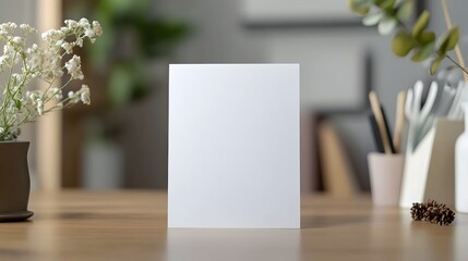 Poster - Elegant blank greeting card standing upright on a wooden desk with decorative elements surrounding it creating a modern and minimalist composition with copy space for custom text or design