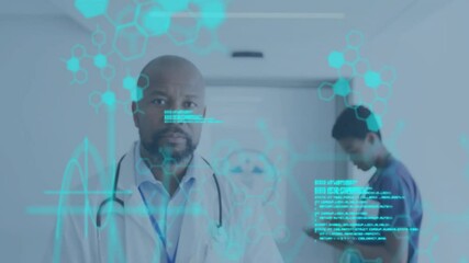Poster - Animating medical data and hexagonal shapes over healthcare professionals in hospital