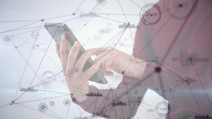 Poster - Using smartphone, person interacting with network connections and data animations