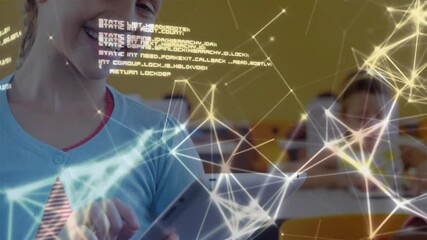 Poster - Computer code and network connections animation over young person using tablet