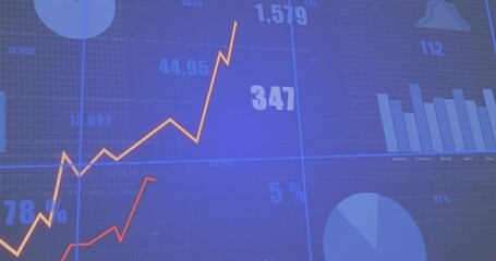 Poster - Financial data and stock market trends animation over blue background with graphs