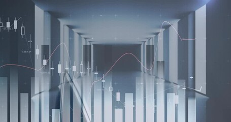Poster - Financial data charts and graphs animation over futuristic corridor background