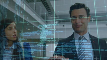 Poster - Discussing data processing animation, business professionals in office setting