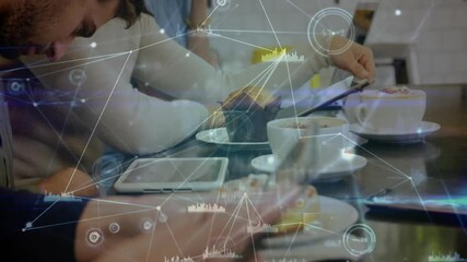 Poster - Using smartphones in cafe, people with network connections and data processing animation