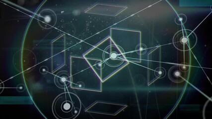 Aufkleber - Animating geometric shapes and network connections over dark background with light effects