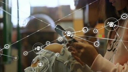 Poster - Network of connections and data processing animation over people using smartphones