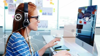 Poster - Wearing headphones and working on computer, woman with network connections animation