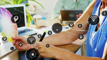 Poster - Network connectivity and location icons animation over people working on laptops