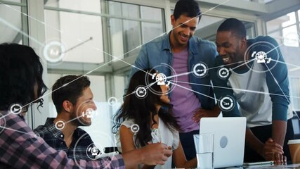 Aufkleber - Collaborating, diverse business team with network connections and data processing animation