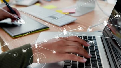 Aufkleber - Typing on laptop keyboard, network connections animation over office desk