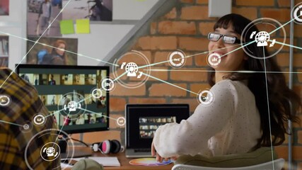 Poster - Network of connections and data processing animation over woman working in office