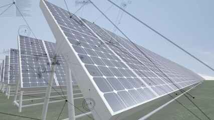 Poster - Solar panels with data processing animation over sky and green field