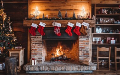 Wall Mural - Festive Christmas fireplace Winter and Christmas holidays background