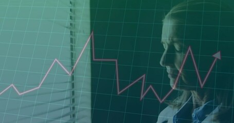 Poster - Financial graph animation overlaying businesswoman looking out window in office
