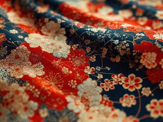 Wall Mural - Close-up of a blue, red, and white floral fabric with gold accents.