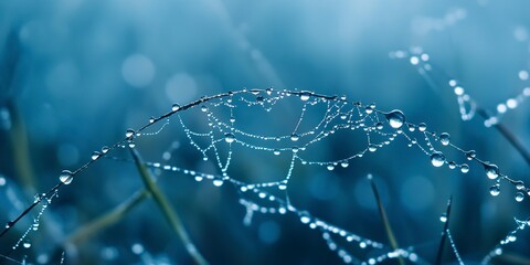 Wall Mural - beautiful natural background with necklace of water droplets on a cobweb in grass in spring of summe