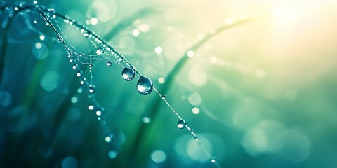 Sticker - Beautiful natural background with necklace of water droplets on a cobweb in grass in spring of summer in blue tones Texture Dew drops on a spider web in nature closeup macro with soft