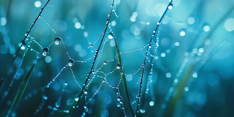 Wall Mural - beautiful natural background with necklace of water droplets on a cobweb in grass in spring of summe