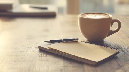 Poster - Minimalist and clean desktop scene with a coffee cup notepad and pen leaving ample room for adding graphics text or other digital content  The scene has a simple professional and elegant aesthetic