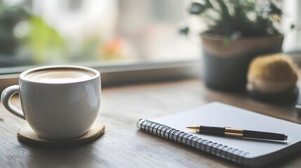 Poster - Minimalist and organized desktop scene featuring a coffee cup notepad and pen creating a cozy and professional work environment for productivity creativity and