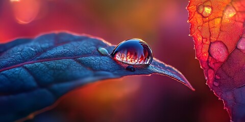 Poster - specialized macro lens on a professional to capture a dewdrop glistening on the edge of a leaf 