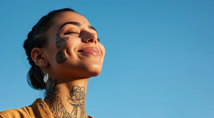 Inclusive side profile portrait of a happy woman with face tattoos and piercings breathing fresh air smiling outdoors. Candid image of ethnic lesbian female model meditating in nature against blue sky