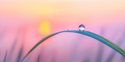 Poster - Delicate morning dewdrop glistens on a lone blade of grass, mirroring the serene hues of a gentle sunrise in a tranquil natural landscape scene.