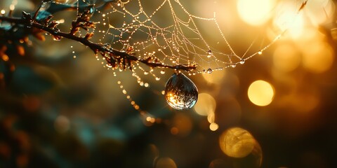 Wall Mural - a breathtaking macro photograph, eye-level angle, capturing the intricate details of a dewdrop on a 
