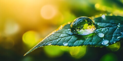 Wall Mural - macro shot of a dewdrop on a green leaf, reflecting the surrounding nature.