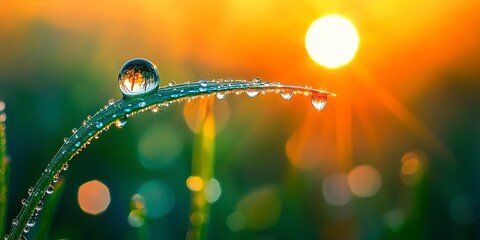 Wall Mural - dewdrop on a blade of grass at sunset
