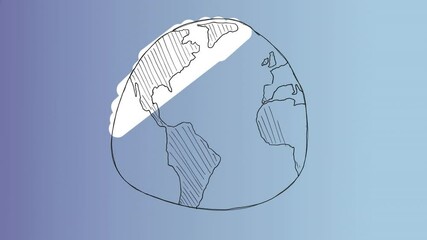 Poster - Hand-drawn globe with shaded continents animation on blue gradient background