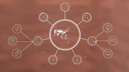 Poster - Interconnected icons and data processing network animation over blurred background