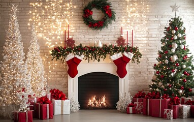 Wall Mural - Festive Christmas fireplace Winter and Christmas holidays background