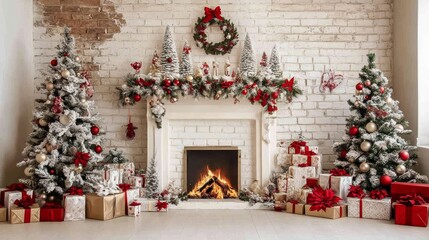 Wall Mural - Festive Christmas fireplace Winter and Christmas holidays background