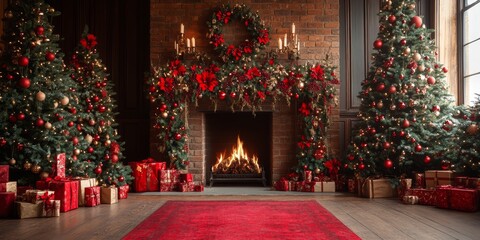 Wall Mural - Festive Christmas fireplace Winter and Christmas holidays background