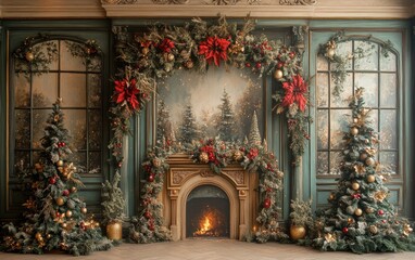 Wall Mural - Festive Christmas fireplace Winter and Christmas holidays background