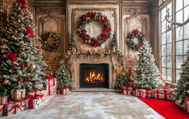 Wall Mural - Festive Christmas fireplace Winter and Christmas holidays background