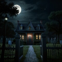 Wall Mural - night scene with a house and moon