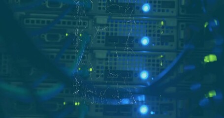 Poster - Network connections and data flow animation over server racks with blue lights