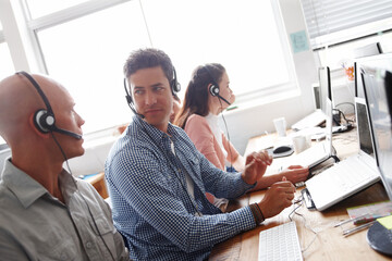Aufkleber - Business people, call center and agency with team in telemarketing, customer service or support at office. Group of employees, agents or consultants working on computer or headphones for online help