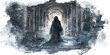 © TUN - Gothic ghost, shrouded in mystery, in an abandoned hall, Watercolor style, isolated on white background