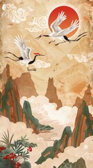 Naklejka na meble Two white cranes fly over mountains